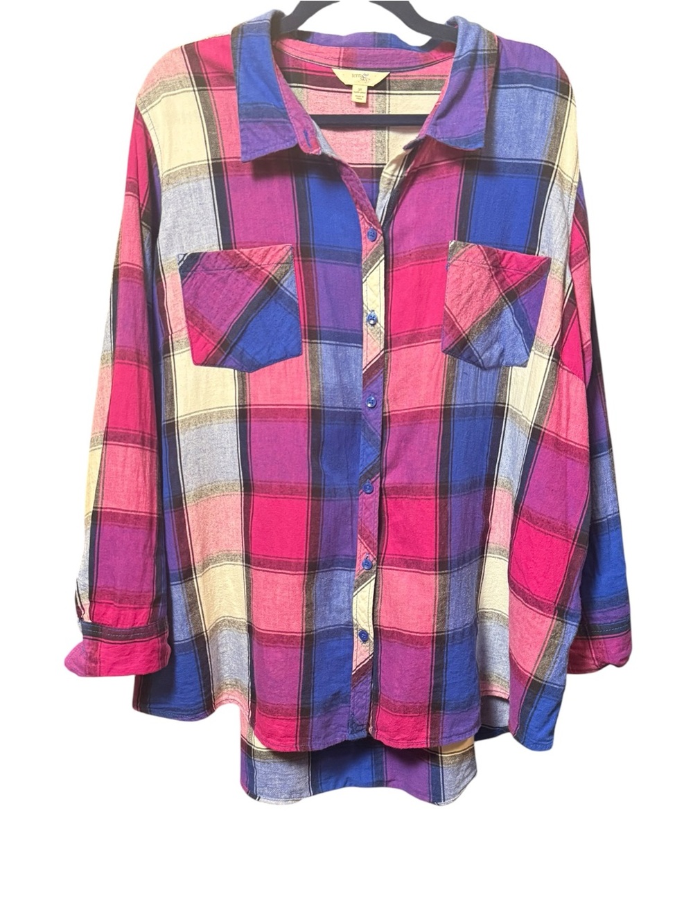 Terra & Sky Plaid Cotton Button Front Shirt 3X Pink Purple